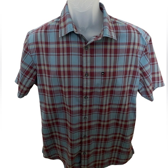 QUIKSILVER plaid maroon, blue & yellow short sleeve shirt men L large - Picture 1 of 7